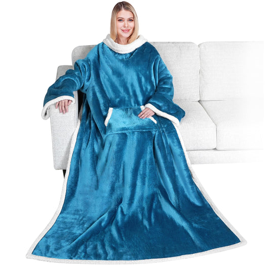 PAVILIA Sherpa Wearable Blanket with Sleeves and Pocket, Plush Thick Cozy Body Blanket Wrap for Adult Women Men, Christmas Gift for Wife Mom, Teal Blue