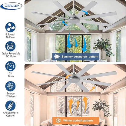 Depuley Large Ceiling Fan without Light: 66 Inch Indoor/Outdoor Fan Reversible DC Motor 6 Speed - Dual 8 Blades Big Ceiling Fans with No Light for Living Room Covered Patio, Silver