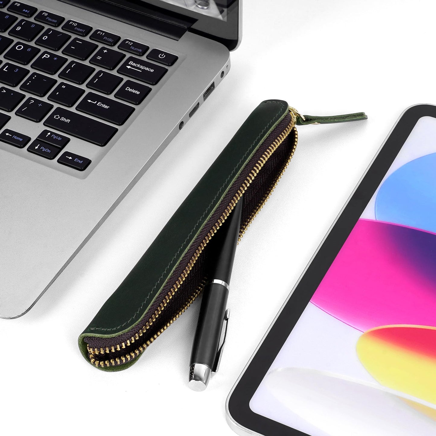 JANKINGS Crazy Horse Leather Zipper Pen Pouch Handmade, Single Pen Case Fountain Pen Sleeve Holder Pouch Cover Vintage, Mini Pencil Bag (Green)