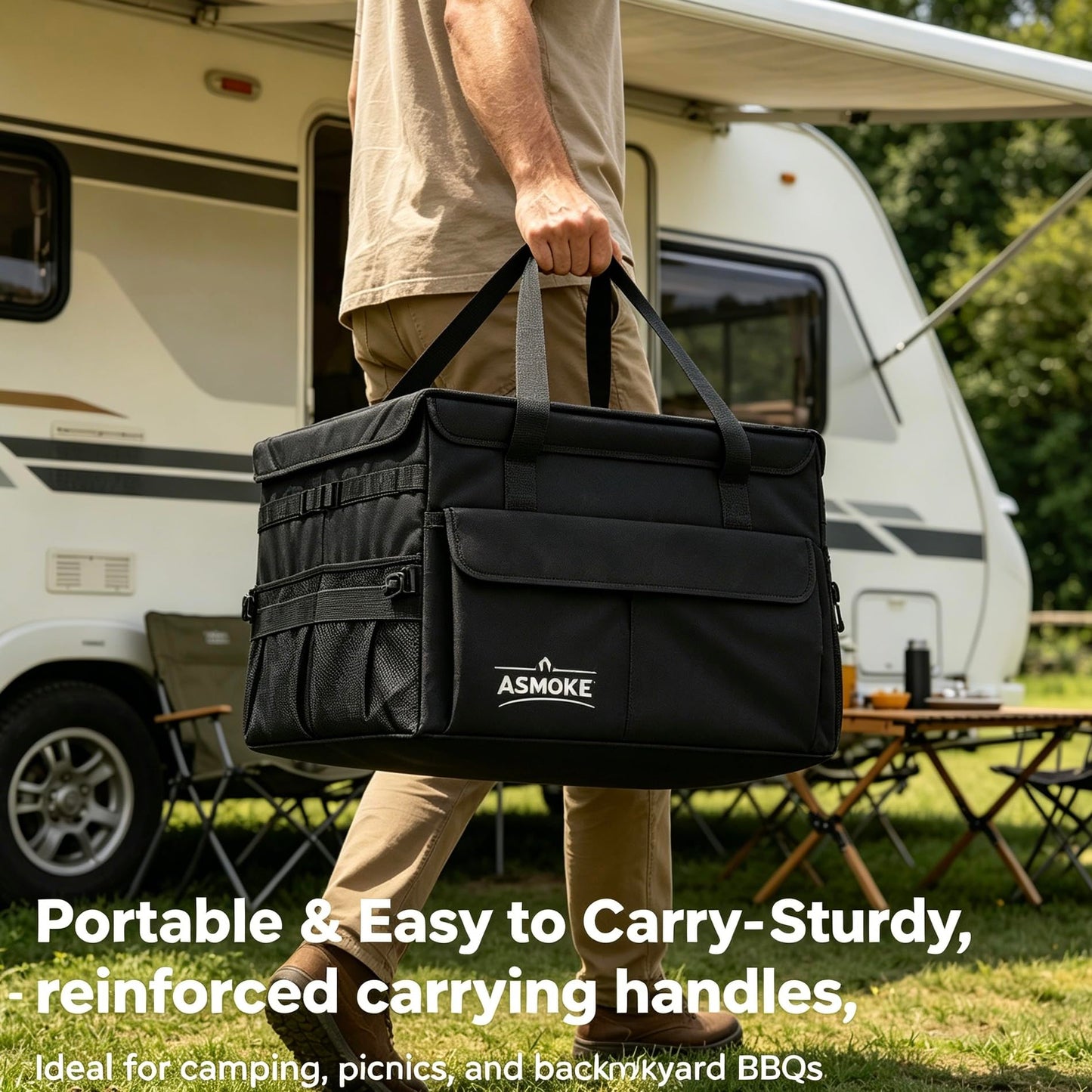ASMOKE Essential Storage Bag - Custom Fit Grills & BBQ Accessories, Weather-Resistant, Multi-Compartment Design with Carrying Handles, Foldable for Compact Storage