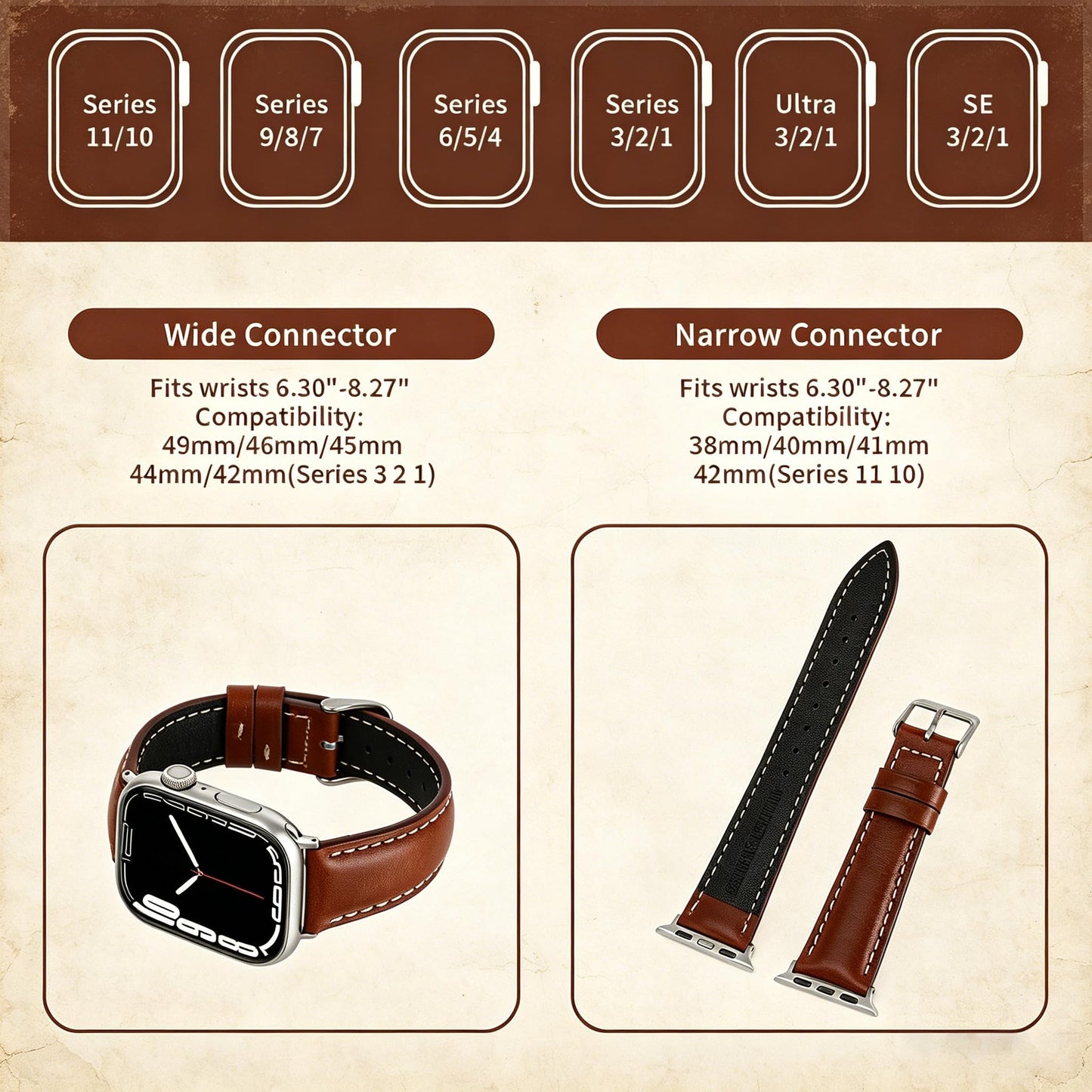 Vintage Full-Grain Genuine Leather Band Compatible with Apple Watch 42/41/40/38mm, Men Women Classic Business Dressy iWatch Strap for Series 11 10 9 8 7 6 5 4 SE 3 2 1, Coffee