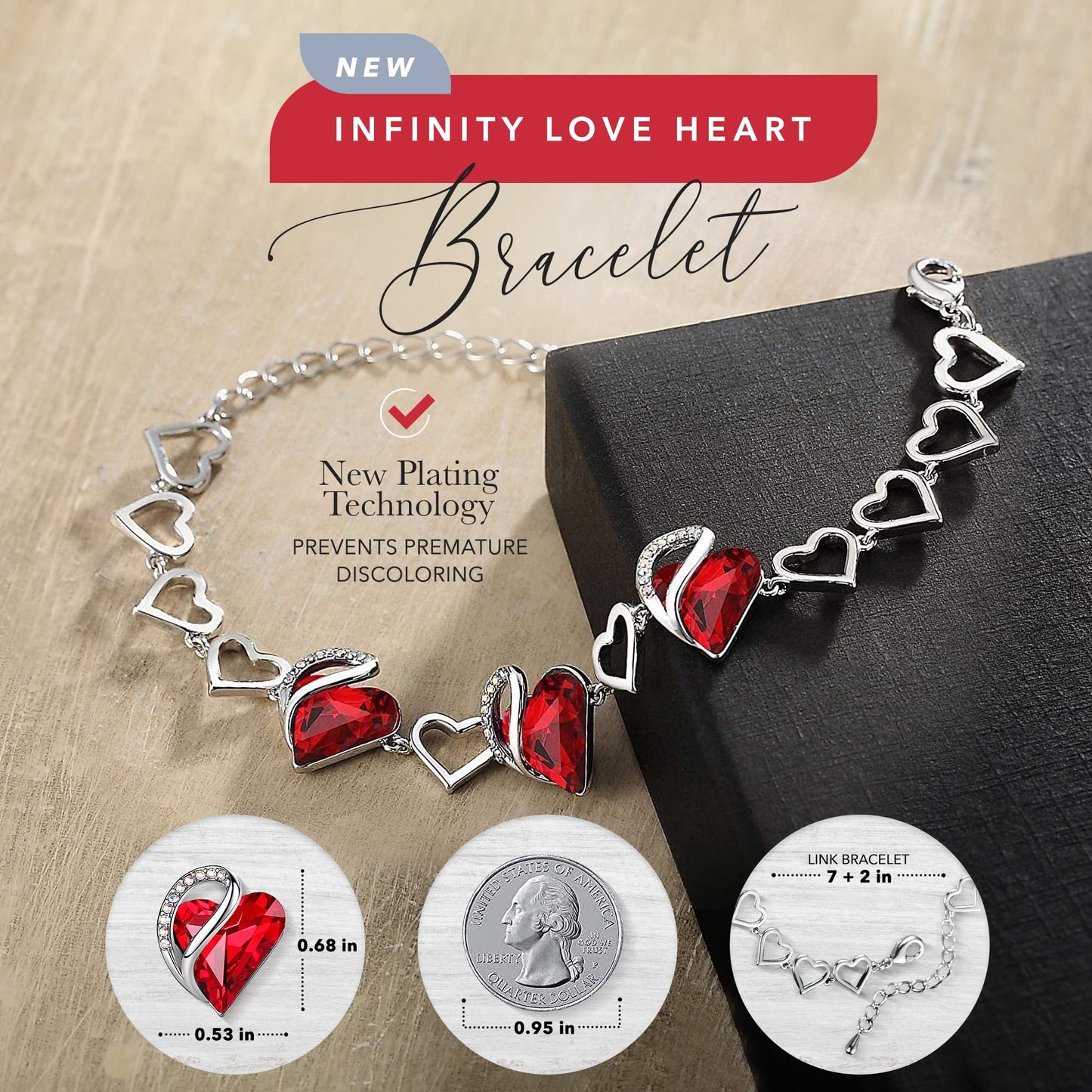 Leafael Infinity Love Heart Gift Bracelet for Women, January & July Birthstone Crystal, Siam Ruby Red, Silver Tone Birthday Jewelry for Her, Mom, and Wife, 7-inch Chain and 2-inch Extender