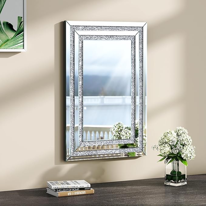 KOHROS Crush Diamond Bathroom Mirror 36" x 24" Crystal Mirrors for Wall Decor Rectangle Wall Mirror for Bathroom, Entryway and Bedroom, Easy to Install