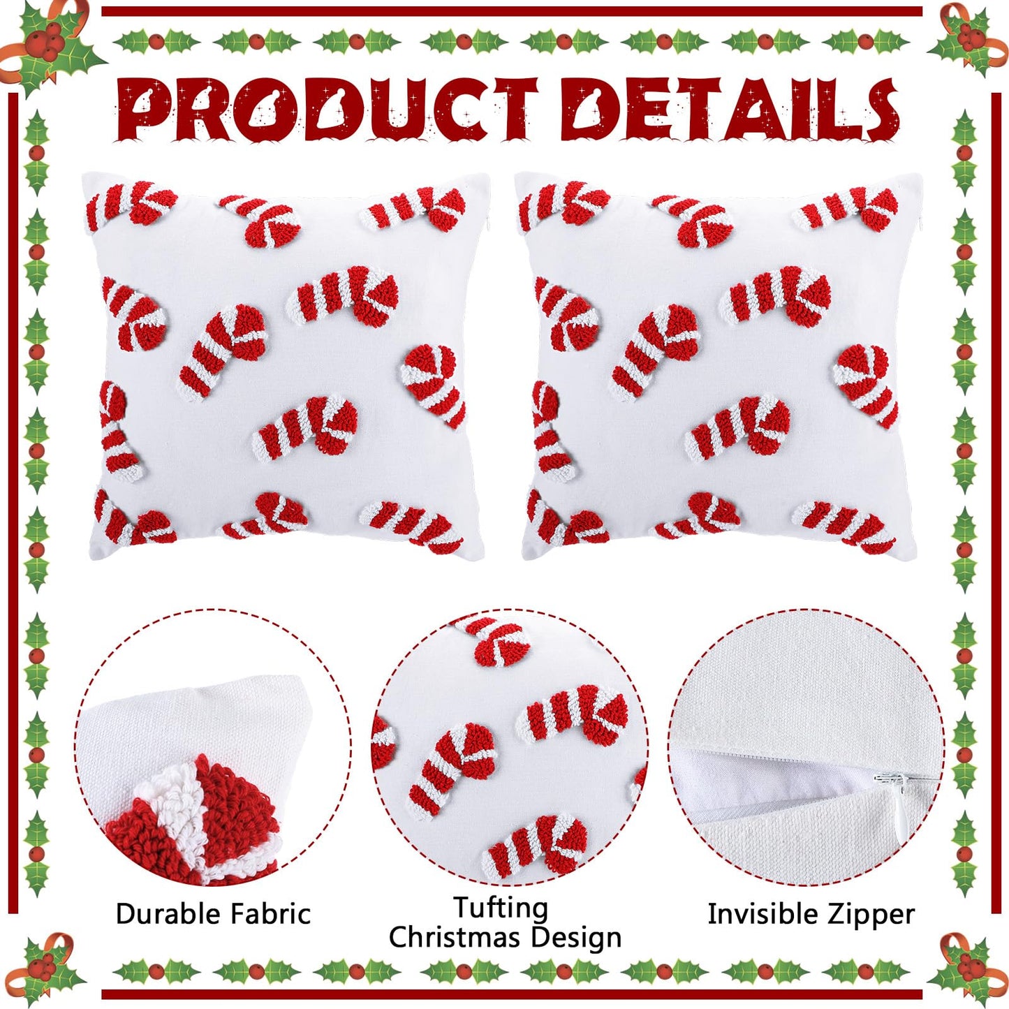 Mixweer 2 Pcs Tufted Christmas Throw Pillow Cover 18 x 18 Inch Candy Tufted Pillow Covers 3D Xmas Pillows Case Decorative Soft Cushion Cover for Sofa Couch Bed Room