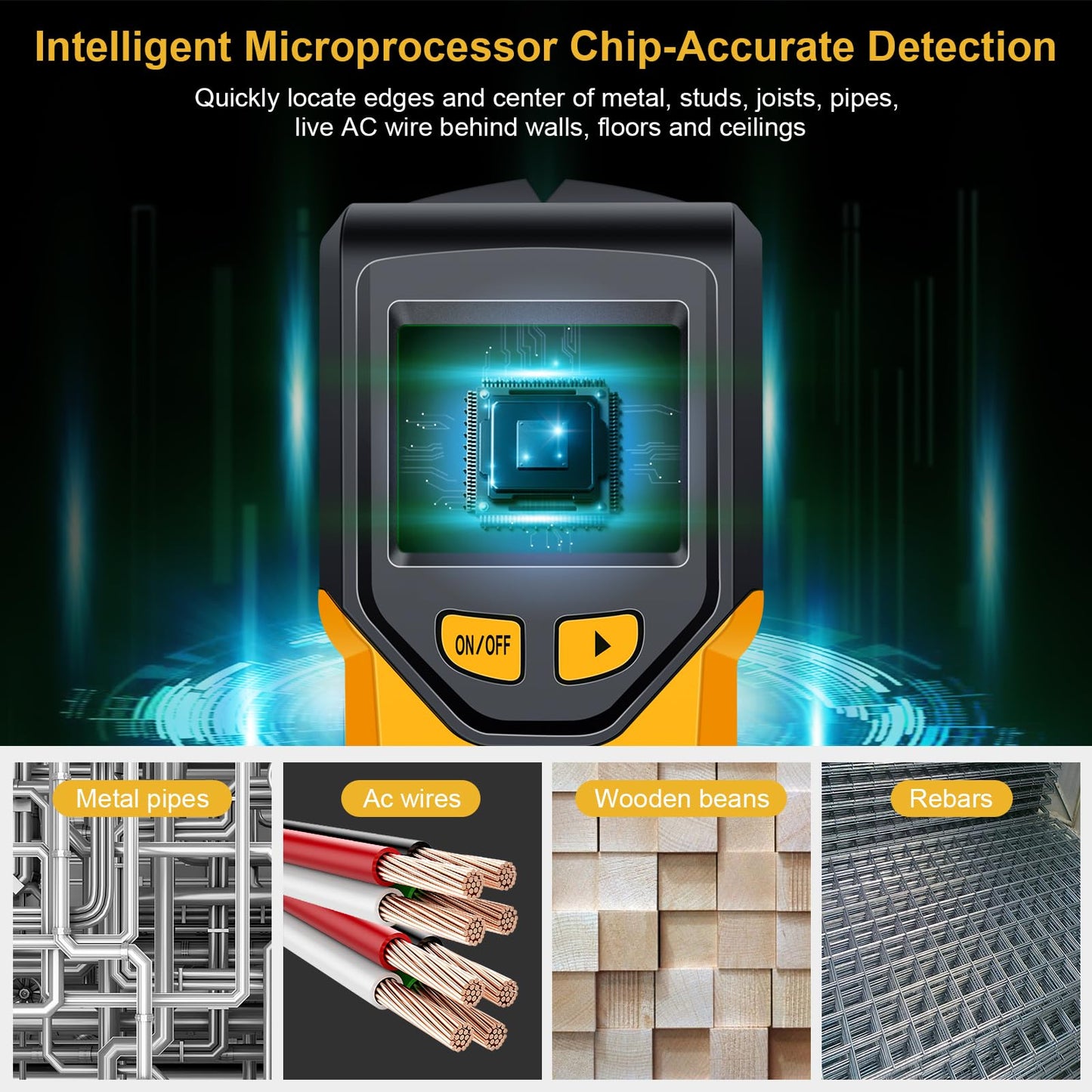 Stud Finder Wall Scanner - 5 in 1 Stud Finder Tool w/Smart Chip and HD LCD Display, Stud Detector Beam Finders for the Center and Edge of Wood AC Wire Metal Studs Joist Pipe (Yellow Feathers)