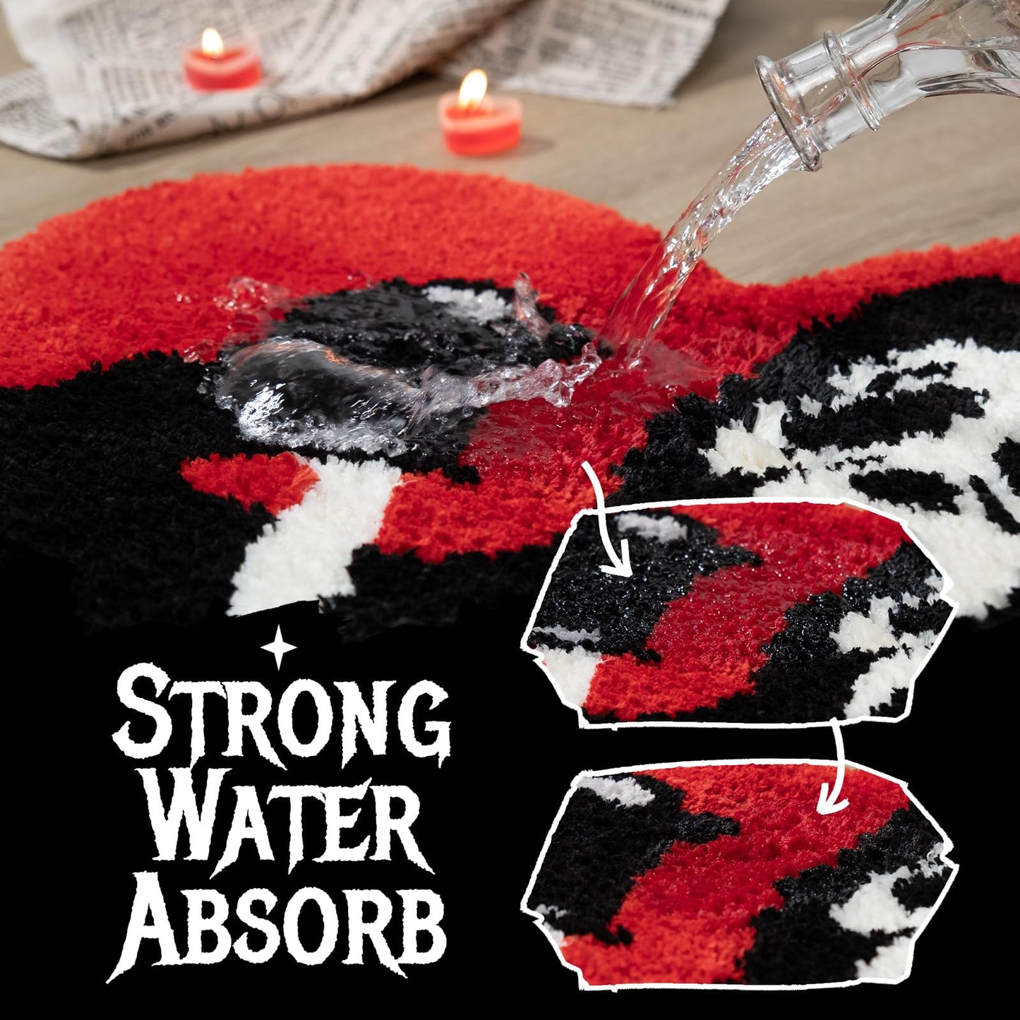 TANVILL Bathroom Rugs Black Red Orange Bath Mat Non Slip, Christmas Home Decor, Funny Skull Halloween Bath Rugs Washable Absorbent Spooky Gifts