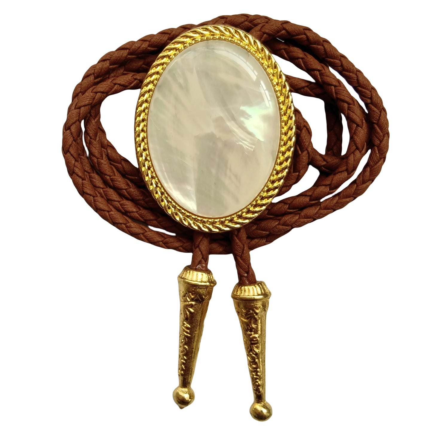 Himongoo Golden Mother of Pearl Bola Bolo Tie - Brown Leather Wedding Necktie for Men Women - Western Style Bolo Necktie