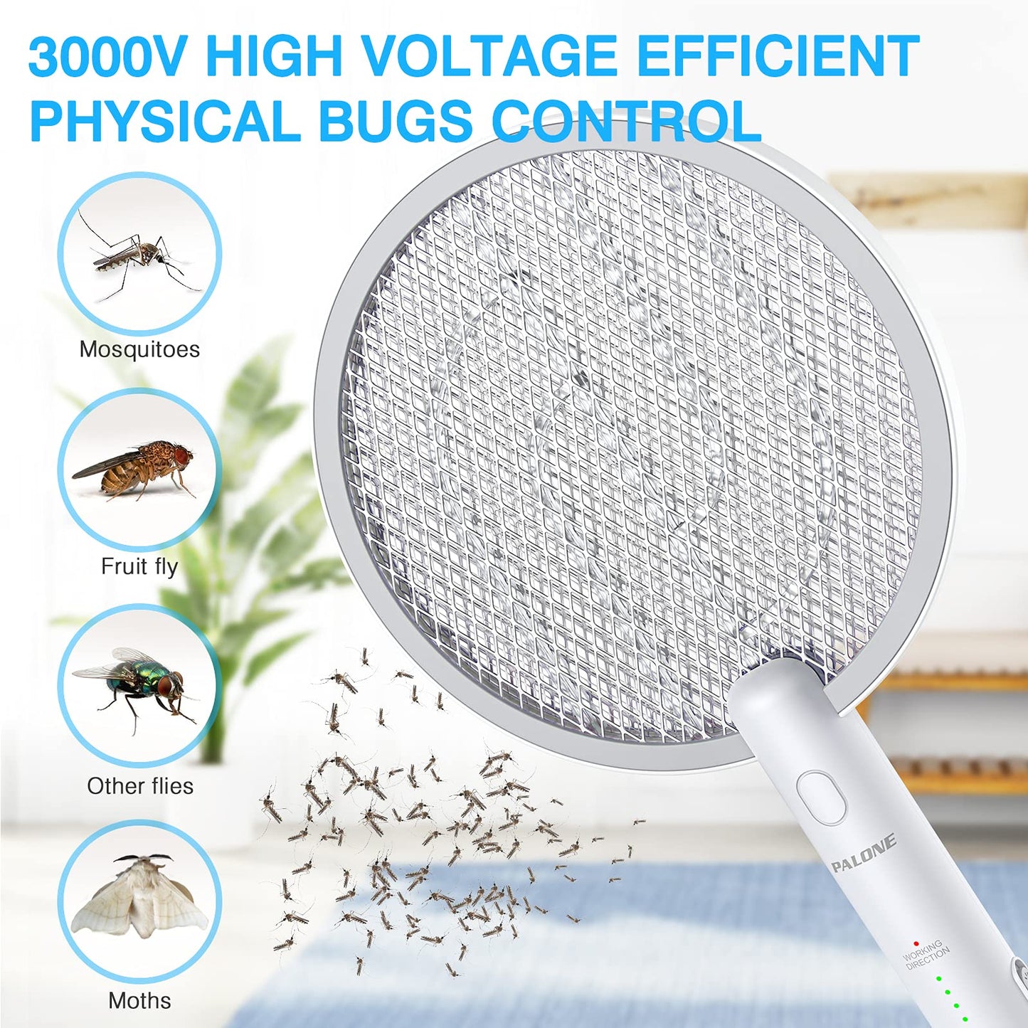 PALONE Electric Fly Swatter 4000V Bug Zapper Racket 2 in 1 Fly Swatter with 1200mAh Battery Rechargeable Mosquito Killer Lamp with 3 Layers Safety Mesh for Indoor and Outdoor