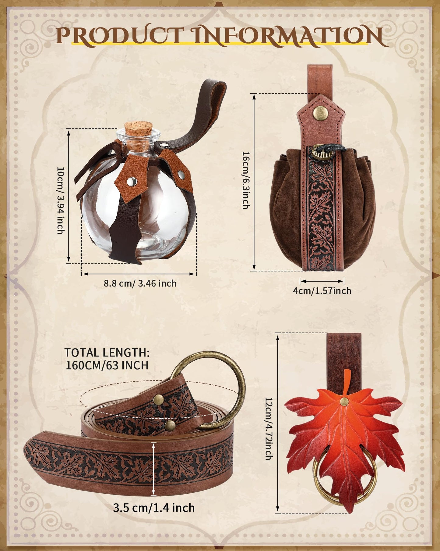Sweetude 6 Pcs Renaissance Belt Accessories Medieval Viking Belt Potion Bottles Leather Pouch Skirt Hikes(Brown,Brown Leaf Style)