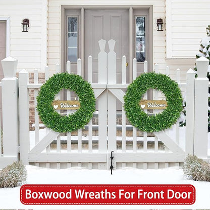 22 Inch Christmas Wreath Boxwood Wreath Realistic with Welcome Sign Faux Green Preserved Boxwood Wreaths Outdoor Spring Fall Winter Wreaths for Front Door Outside for Porch Farmhouse Wall Home Decor