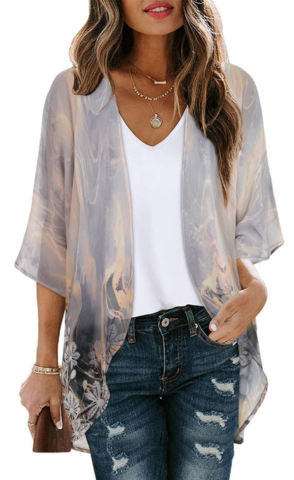 Women's Floral Print Puff Sleeve Kimono Cardigan Loose Cover Up Casual Blouse Tops (Grey Gold Floral,3XL)