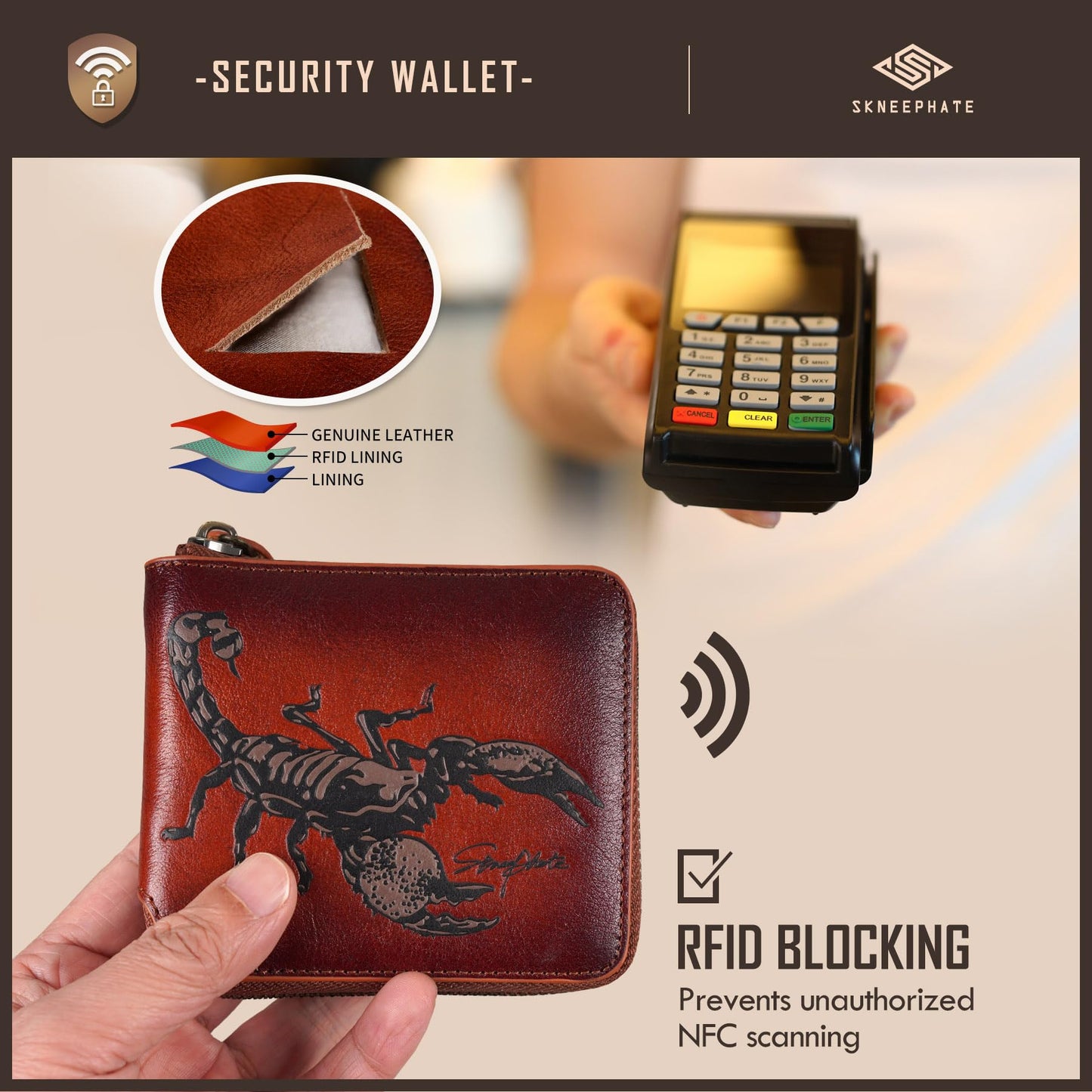 skneephate Zipper Wallet For Men,Men's Leather Wallets With Coin Pocket,Extra Capacity,RFID Blocking,Gifts for Him Husband (brown)