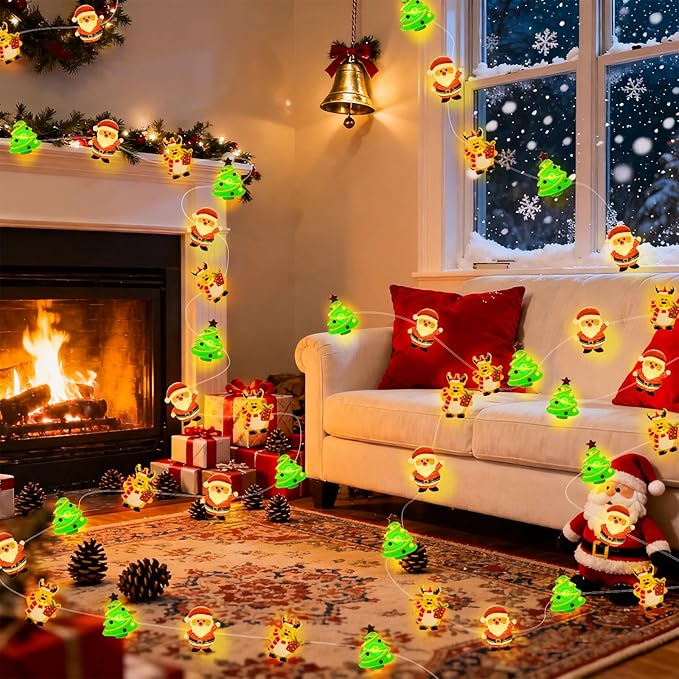 pozzolanas Christmas Fairy Lights, LED Christmas Tree Santa Claus Snowman Moose Lights Decoration, Waterproof Battery Powered Indoor Outdoor Decoration String Lights - 2Pack
