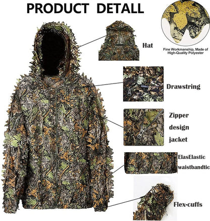 Monfasye Ghillie Suit, 3D Leafy Camo Hunting Suits Breathable Woodland Gillies Costume Jungle Clothing
