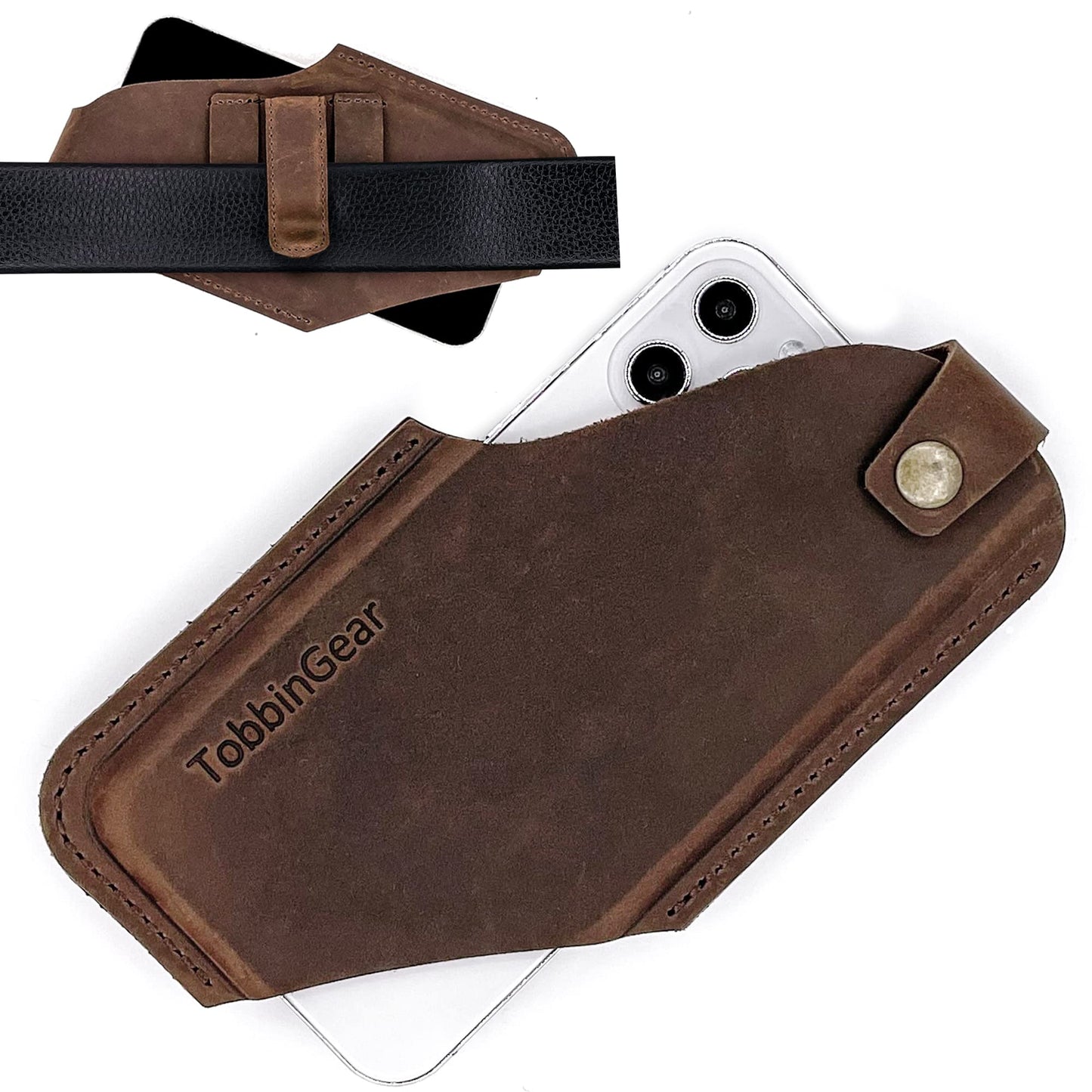 TobbinGear Leather Cell Phone Holster with Belt Clip, Universal Phone Holster for Men Belt Holder, Leather Case for iPhone, Samsung Galaxy Phones, Dark Brown, Large