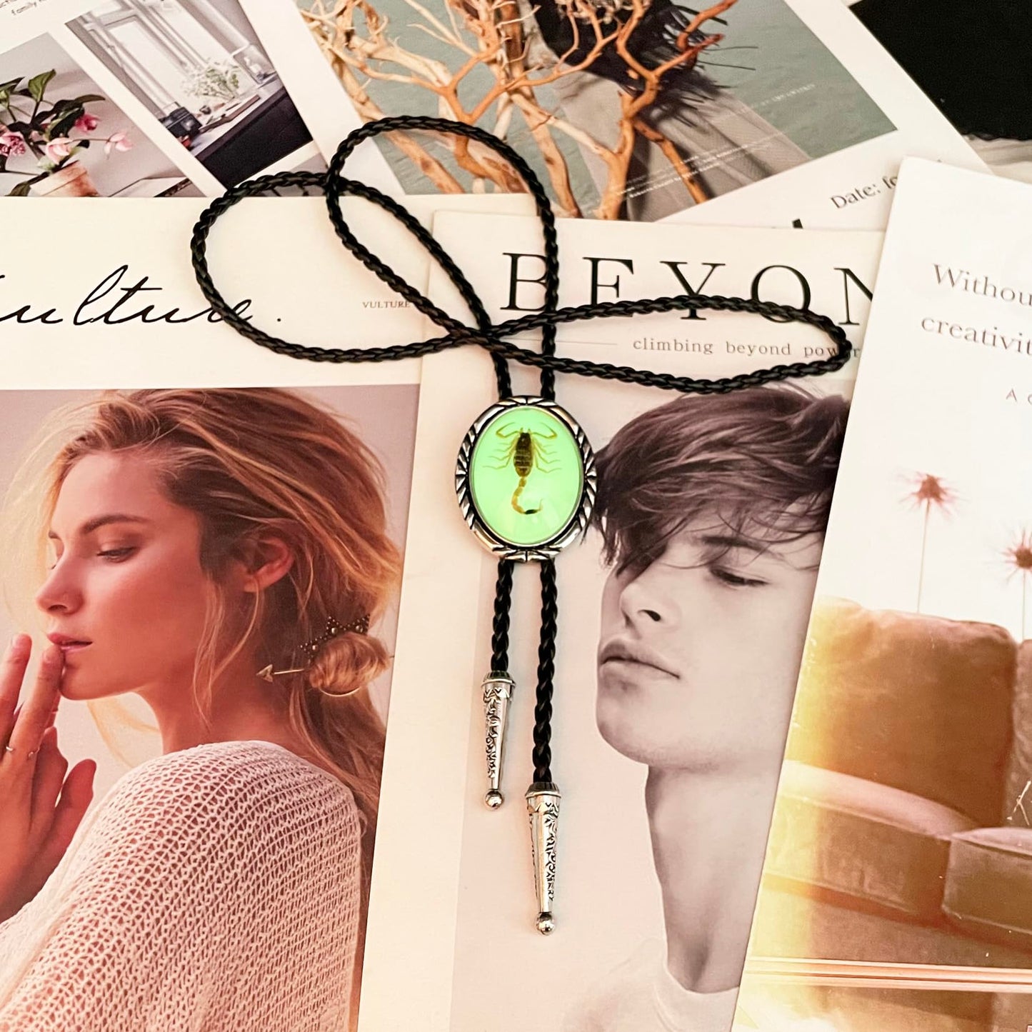 JPJZY BRBAM Minimalist Style Natural Stone Bolo Tie Oval Gemstone Pendant with Striped Border Leather Necktie for Men and Women Scorpion Luminous