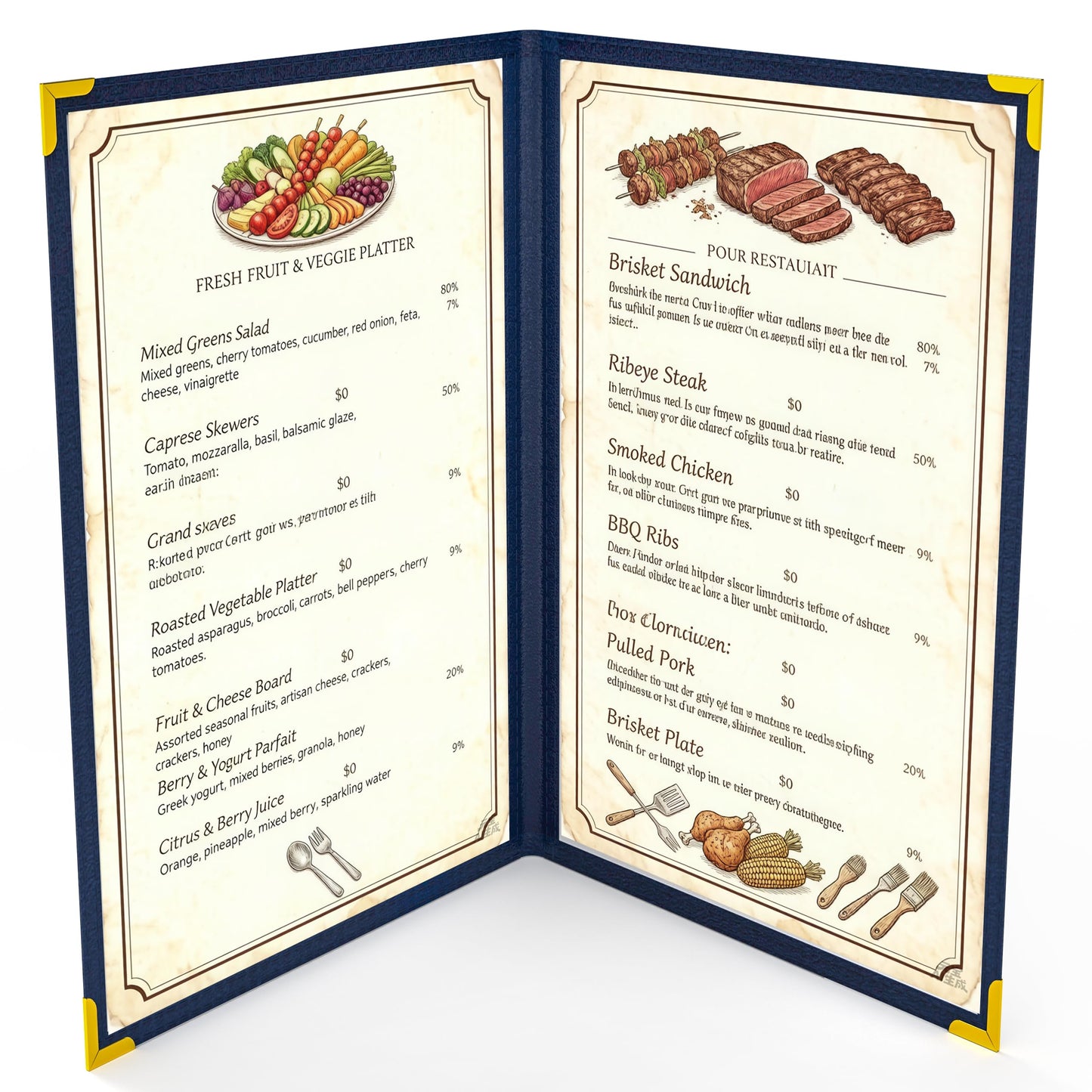 10 Pcs Menu Cover 8.5x14 Inch, Legal Size, 2 Pages / 4 Views Menu Sleeves, Clear Waterproof PVC Menu Holder (Blue Edge, Gold Metal Corners)