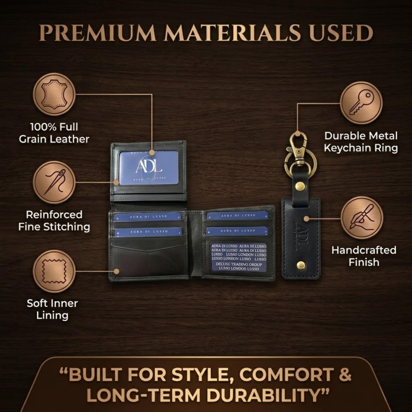 Aura Di Lusso Handmade Full Grain Premium Leather Wallet & Keychain Combo Set for Men | Stylish & Durable Gift Combo | Ideal for Everyday Use | Luxury Accessories for Men (Dark Brown)