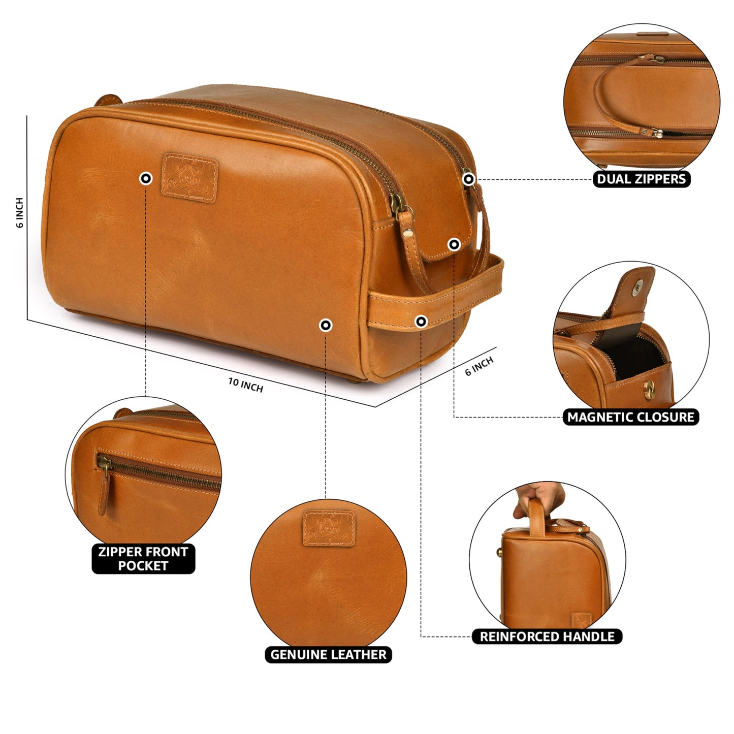 DHAMPOOH Premium Leather King Size Toiletry Travel Pouch – Handcrafted Dopp Kit Bag with Waterproof Lining, Spacious Design for Travel Essentials, Elegant Tan Finish