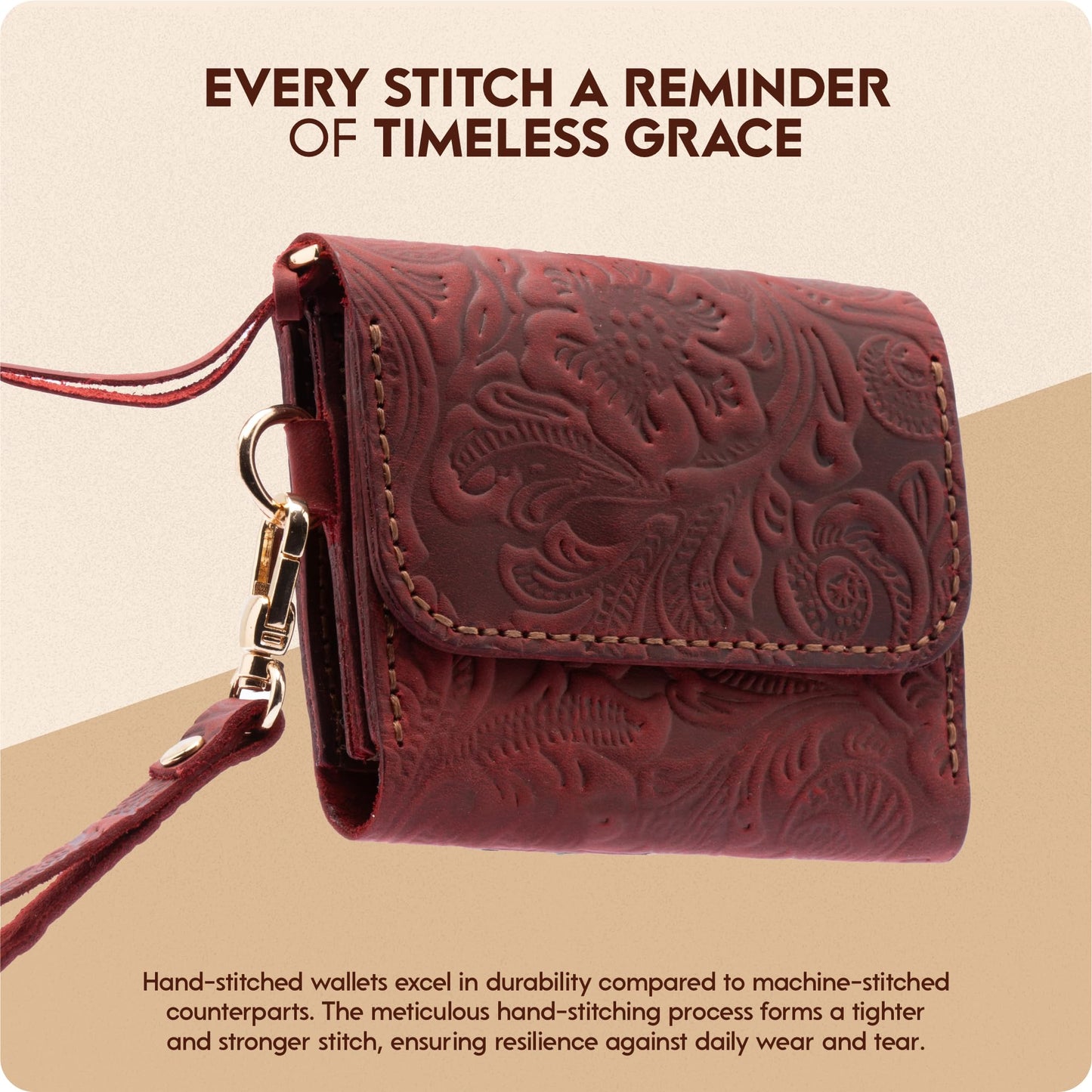 Toros Craft Handmade Wristlet Wallets for Women, Western Leather Small Credit Card Holder with Zipper, Minimalist & Cute Coin Pouch, Genuine Leather, Red