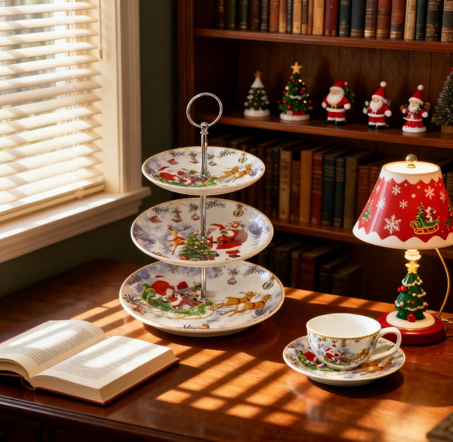 3-Tier Round Porcelain XMAS Cake Fruit Stand Plates with Gift Box, Cupcakes Serving Display Set, Christmas White Pastry Tray Towers Platter for Desserts Appetizer Candy Buffet for Wedding & Home Party