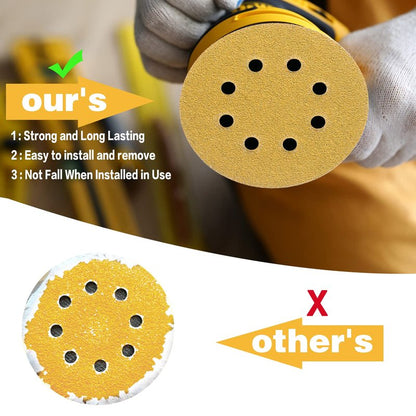 POTUINOM 100PCS 5 Inch 8 Hole Sanding Discs 120 Grit,Gold Round Hook and Loop Sandpaper for Random Orbital Sander