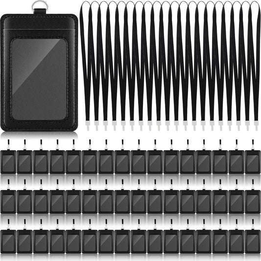 Ireer 48 Pcs ID Badge Holder with Lanyard, PU Leather Card Holder Vertical with Clear ID Access Card Window, Slot for Office Work, School Student, Black