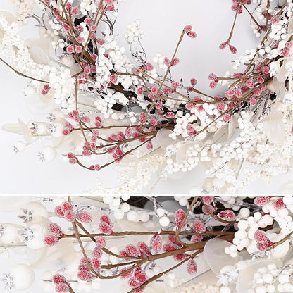 24 inch Winter Wreath for Front Door,Christmas Wreaths Front Door with White Eucalyptus Leaves and White Red Berry Outdoor/Indoor Wall Window Thanksgiving Décor Fireplace Christmas Decorations
