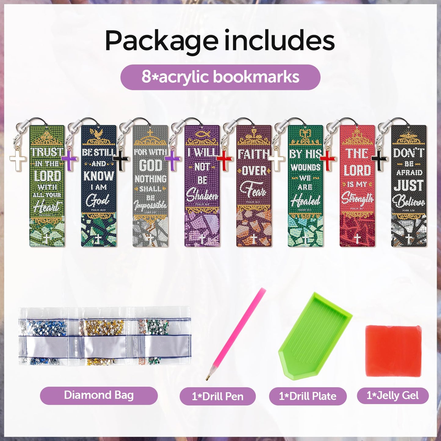 8 Pieces Christian Bible Verse Diamond Art Bookmarks 5d Christian Beaded Bookmark Acrylic Tassel Bookmark for DIY Making Beginners Kids Adults Arts Craft Supplies (Bible)
