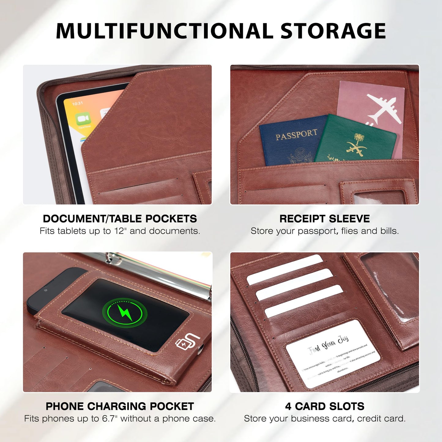 Ospelelf Zippered Padfolio Organizer, Faux Leather 3 Ring Binder with Clipboard, Letter Size Business Portfolio with Notepad, Tablet Sleeve & Phone Pockets for Office Work Brown