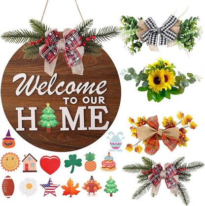 Interchangeable Welcome Sign for Front Door with 4 Seasonal Wreaths and 14 Changeable Icons, Farmhouse Front Door Signs, Door Decoration Porch Decor, Seasonal Wooden Home Sign home décor (6wood)