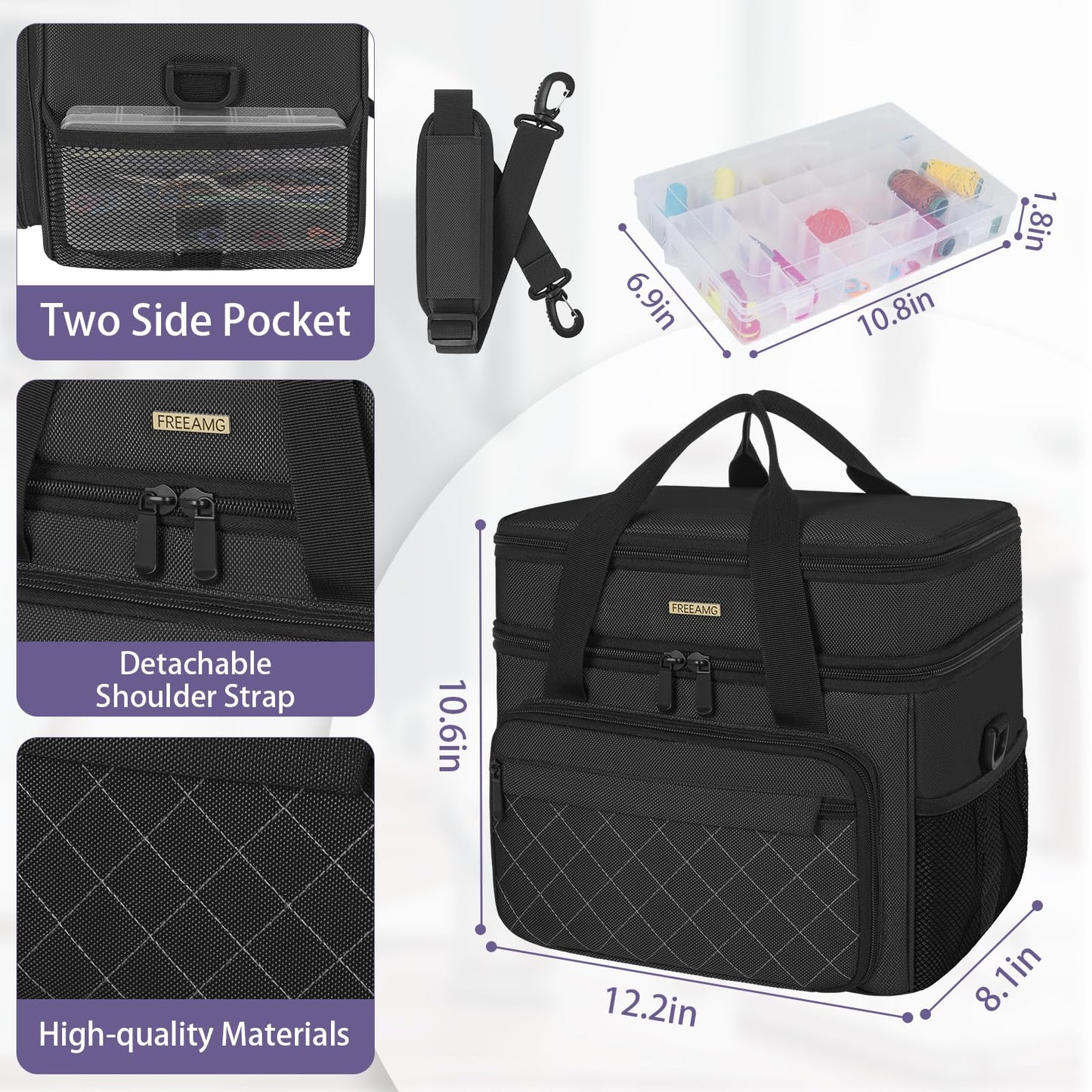 FREEAMG Double Layer Sewing Storage Bag, Large Capacity Sewing Accessories Organizer Travel Sewing Case with Shoulder Strap & Clear Organizer Box (No Tools Included)