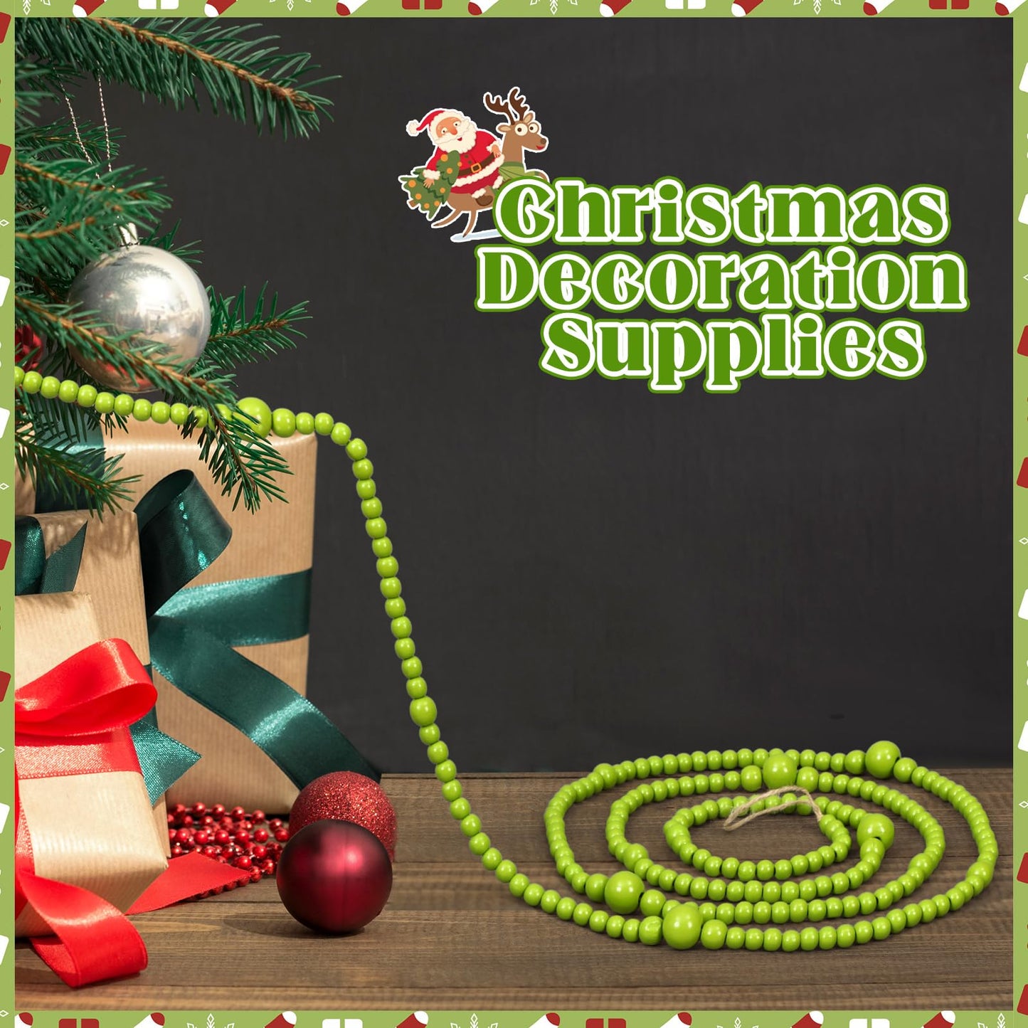 12 Feet Summer Christmas Wooden Beads Garland Round Craft Farmhouse Vintage Christmas in July Wood Bead Garlands for Xmas Supplies(Green)
