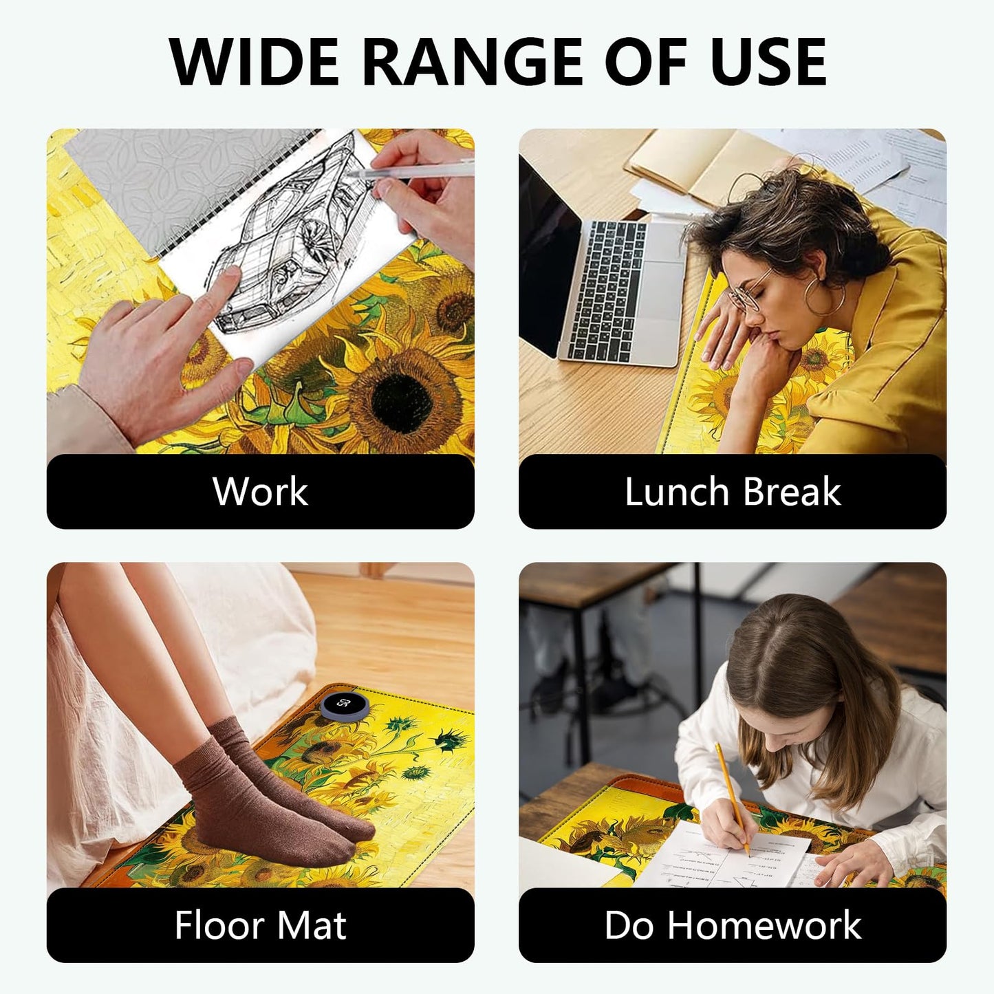 Heated Mouse Pad with 3 Levels Heated & 3 Hours Auto Shut-Off Mouse Pad for Warming Hands in Office Home, 31.5" x 13"Large Safe Desk Mat Hand Warmer，Sunflowers