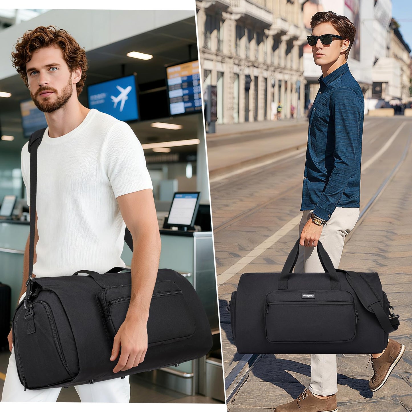Convertible Duffle Bags for Men, Garment Bag for Travel, Carry on Garment Duffel Bag with Shoe Compartment, 2 in 1 Hanging Dress Suitcase Suit Travel Bags, Black