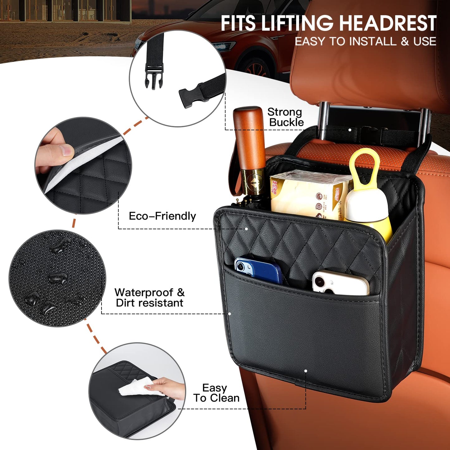 FrgKbTm 2Pack Car Seat Back Hanging Bag Car Document Holder Multi-Pocket Bottle Bag Storage Waterproof Pu Leather Box Organizer Travel Tidy Pouch Pocket Kids