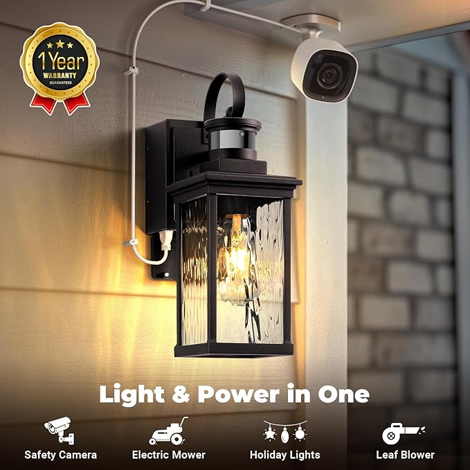 Oil-Rubbed Bronze Motion Sensor Exterior Lighting Fixtures for House with GFCI Outlet, Farmhouse Outdoor Porch Lights Wall Mount with Tempered Water-Ripple Glass, Outside Sconces for Garage