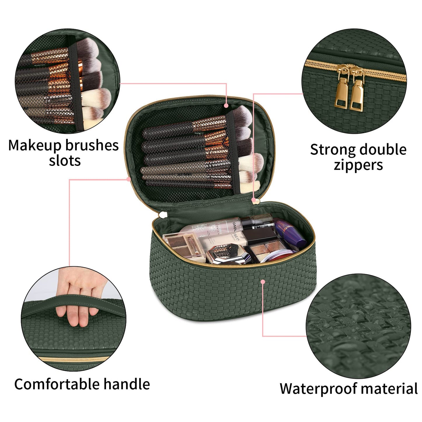 KTMOUW Makeup Bag 3 Pcs Waterproof Cosmetic Bag Set Portable Travel Cosmetic Bag Multifunction Organizer Storage Bag Weave Toiletry Bag for Women, Deep Green
