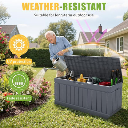 Greesum 82 Gallon Resin Deck Box Large Outdoor Storage for Patio Furniture, Garden Tools, Pool Supplies, Weatherproof and UV Resistant, Lockable, Gray