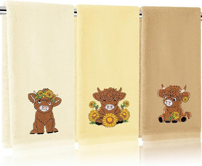 3Pcs Highland Cow Sunflower Hand Towels Cotton Embroidered Bathroom Towels