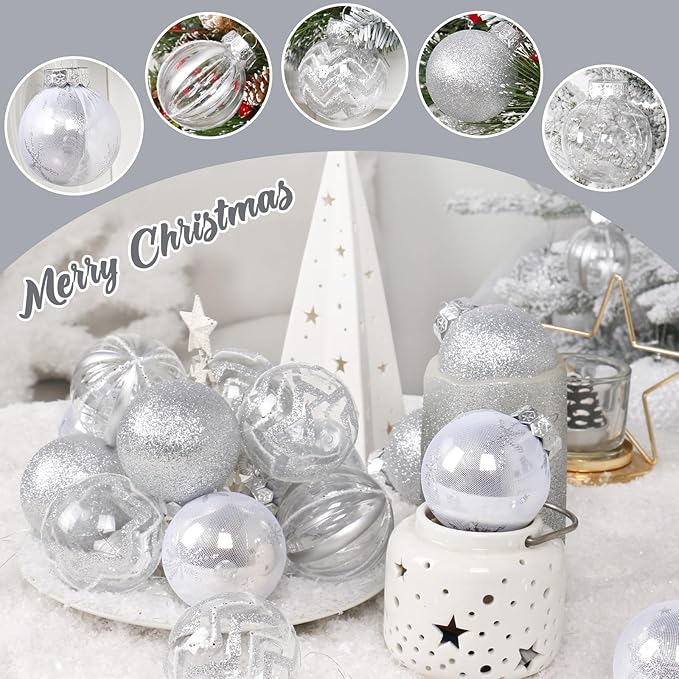 SY Super Bang 30PCS Silver Christmas Ornaments Set, 60MM/2.36" Clear Plastic Shatterproof Ball Ornaments for Christmas Tree Hanging Decorations, for Home Holiday Party Xmas Decor.