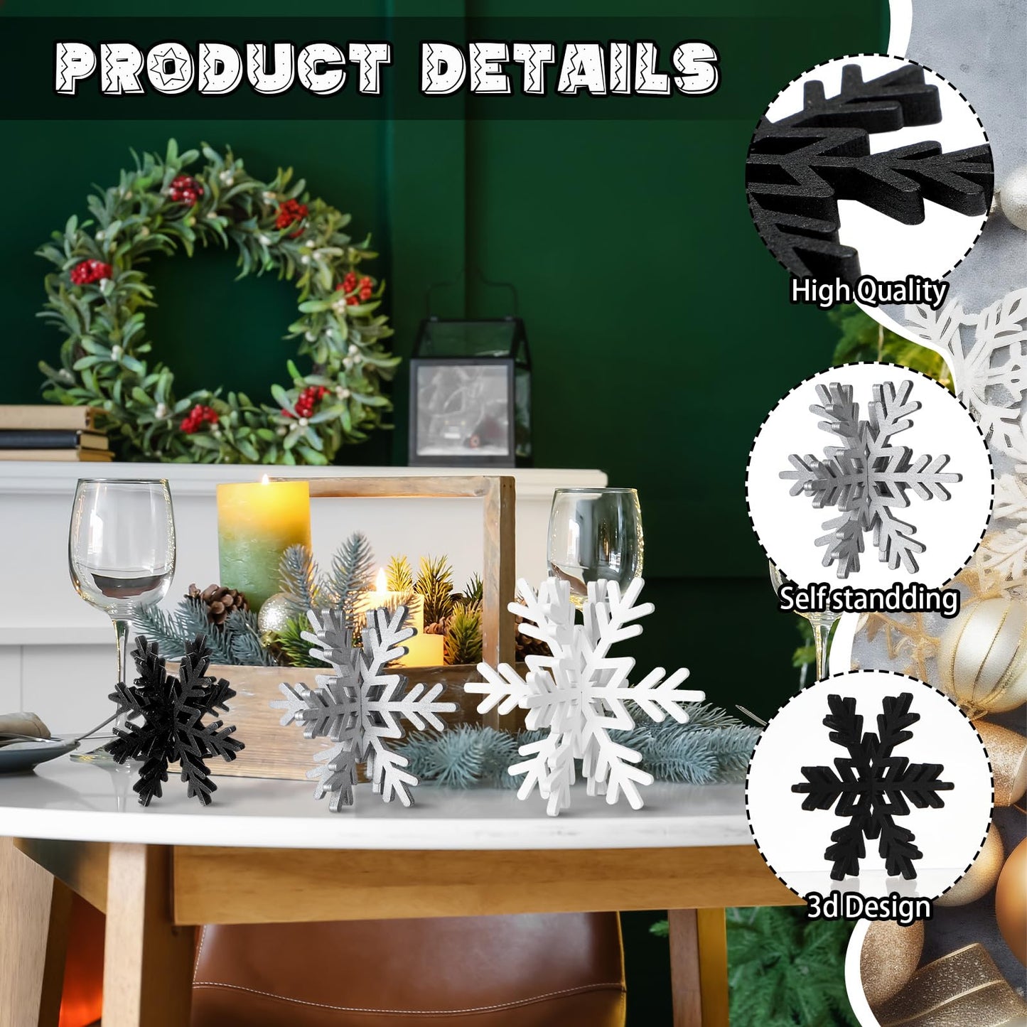 Bucherry 12 Pcs Wooden Snowflake Table Decor 3D Snowflake Tabletop Signs and Centerpiece for Frozen Party Christmas Xmas Winter Wonderland Decorations Home Office Mantel(White, Gray, Black)