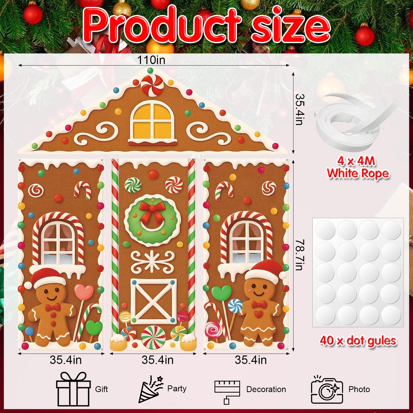 4Pcs Christmas Gingerbread House Door Cover Decorations, Gingerbread Door Cover Christmas House Backdrop for Xmas Photography Background Holiday Party Décor