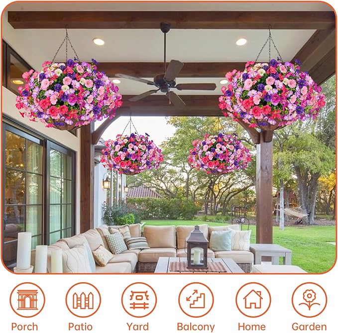 Florielle Artificial Hanging Faux Flowers Basket, Fake Silk Petunias Plants Arrangement,for Spring Summer Outdoor Decoration,UV Resistant, Morning Glorias,for Home Garden Decor (PinkPurple)