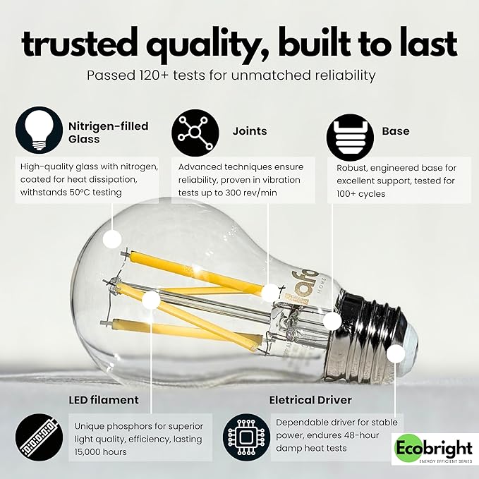 EcoBright 12PK Dimmable A19 LED Filament Bulb, 10W (100W Equivalent), E26 Base, 1100 Lumens, CRI90+, Flicker-Free Clear Glass, Energy Star Title 20, Warm White 2700K