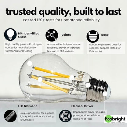 EcoBright 12PK Dimmable A19 LED Filament Bulb, 10W (100W Equivalent), E26 Base, 1100 Lumens, CRI90+, Flicker-Free Clear Glass, Energy Star Title 20, Warm White 2700K