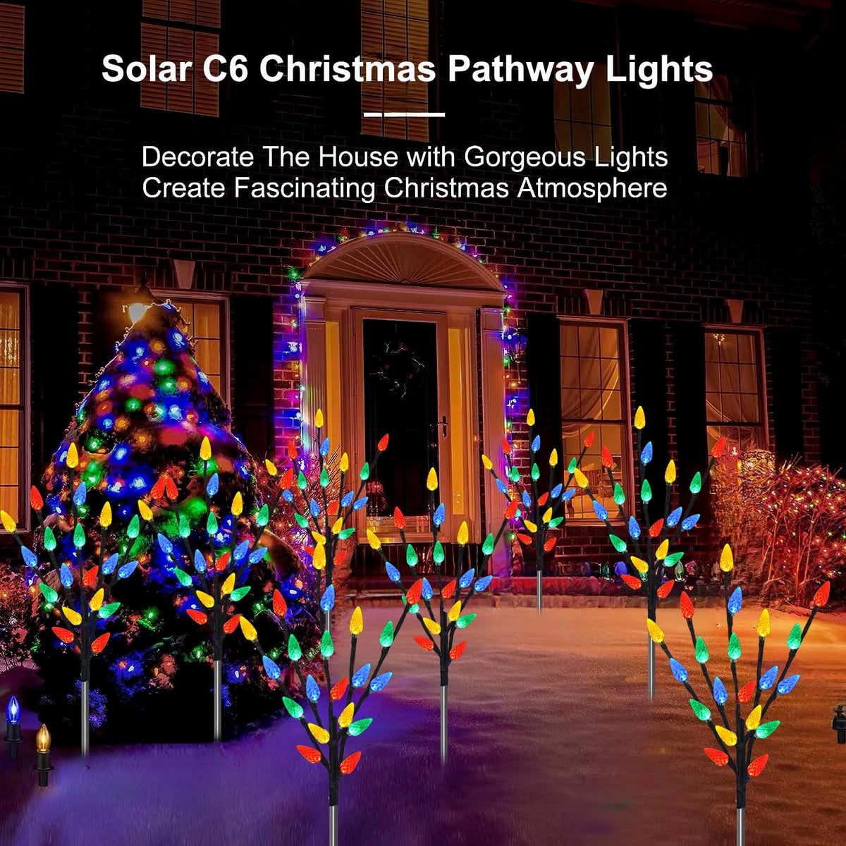 Upgraded 6 Packs 120 LED C6 Solar Christmas Lights, Christmas Decorations Outdoor Yard Lights, 8 Modes Waterproof Pathway Lights for Xmas Decorations Outdoor Yard Patio Cemetery Grave
