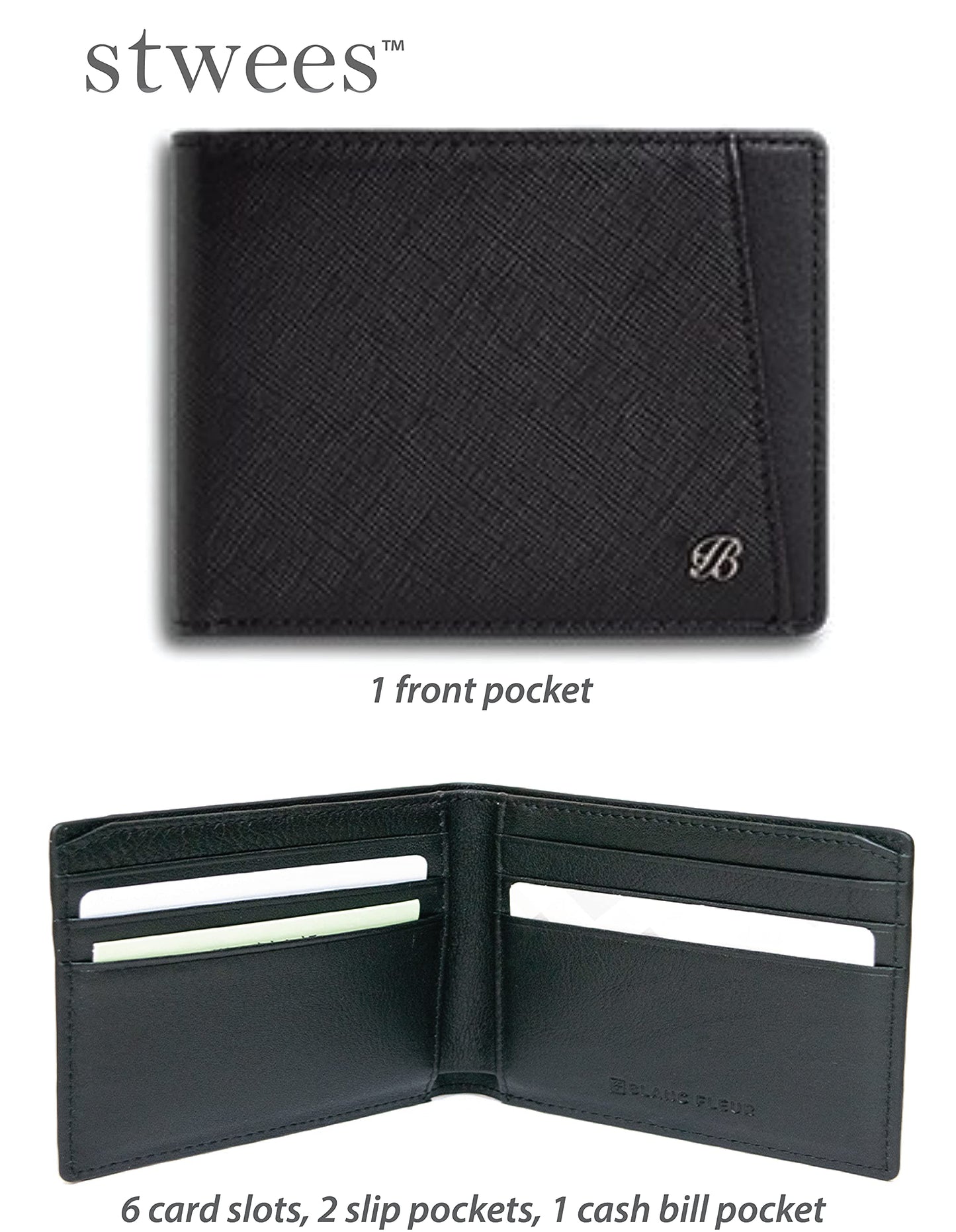 Maskfactory stwees bifold leather wallets - Ultra slim, RFID, Front pocket, slim, ID window (Pocket style B, Black)