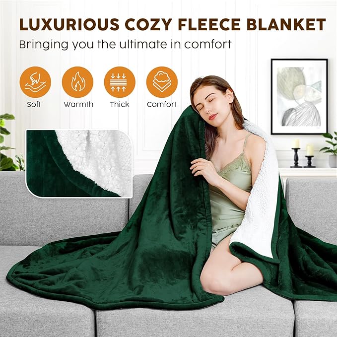 HYLEORY Heated Electric Blanket Queen 84"x90" Soft Fleece & Flannel with 5 Heating Levels & 10 Hours Timer Auto Shutt Off, ETL Certified, Washable，Heated Blanket for Body-Dark Green