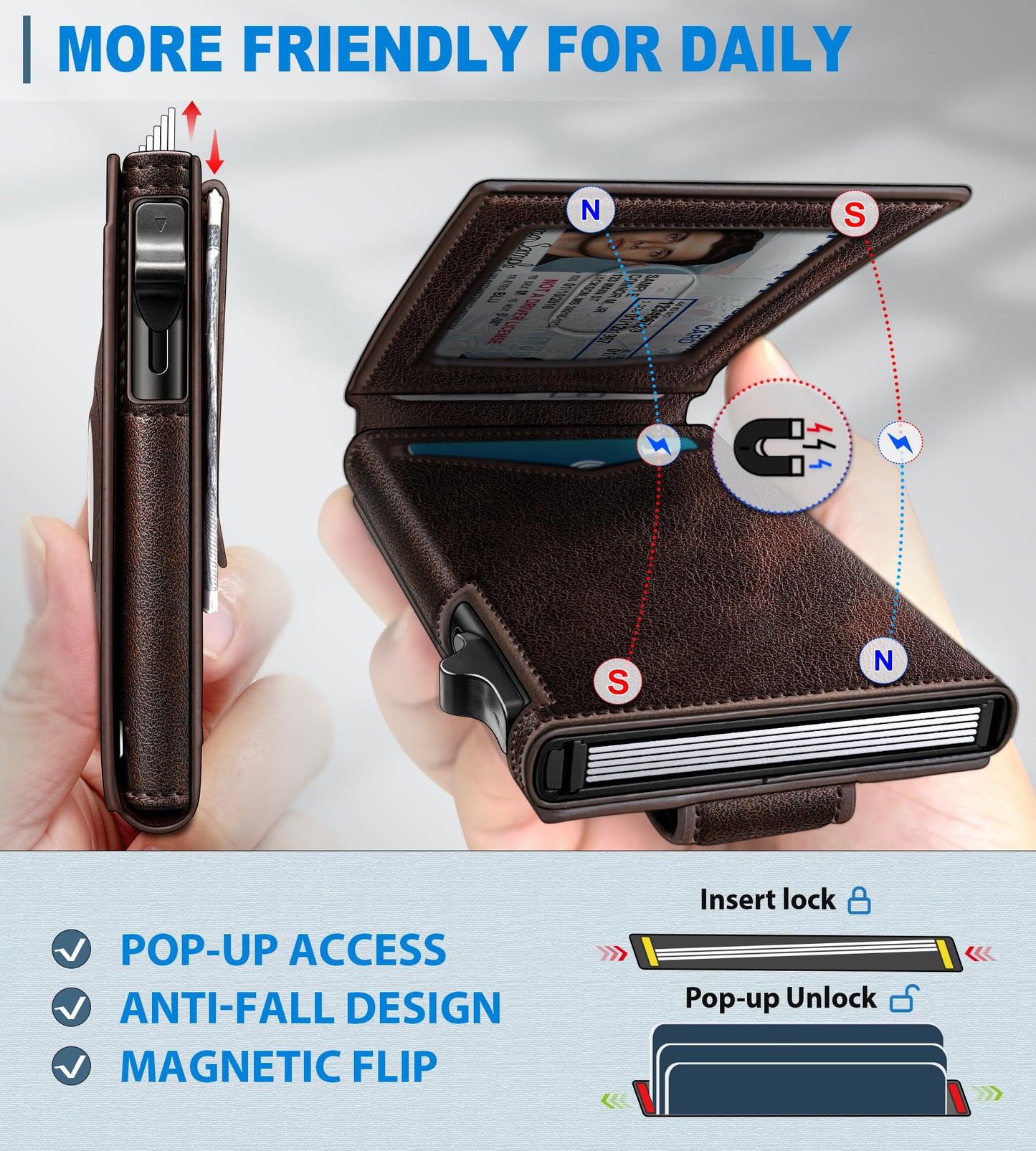 miyozi Airtag Wallet for Men Money Clip 9-Card Pop-Up Credit Card Holder with ID Window RFID Blocking Metal Case Magnetic Closure Front Pocket Wallet Gift Box